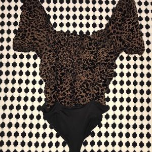 F21 Fitted Leopard Velvet Sheer Ruched Bodysuit